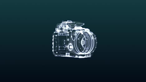 photo camera being formed by particles. blue abstract futuristic science and technology background. 3d rendering
