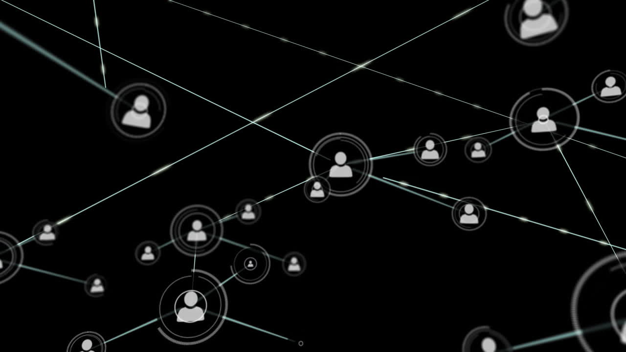 animación de la red de conexiones con iconos en fondo negro