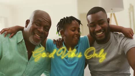 Animation-of-good-vibes-only-text-with-african-american-family-smiling