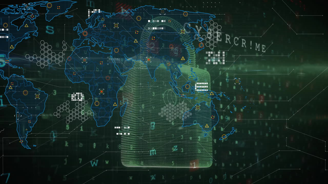animación del procesamiento de datos digitales a través de un candado y un mapa del mundo