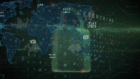 Animación-Del-Procesamiento-De-Datos-Digitales-Sobre-Candado-Y-Mapa-Mundial