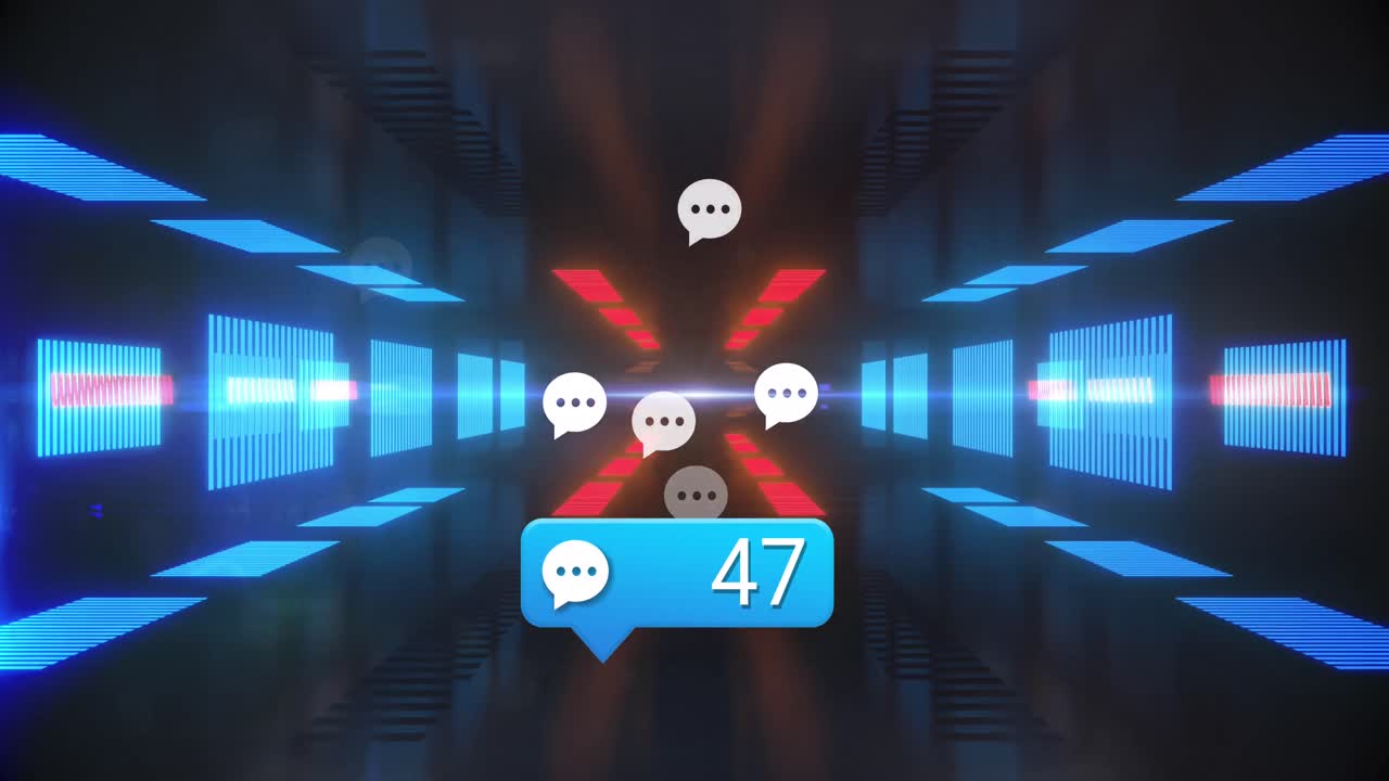 움직이는 네온 불빛으로 만들어진 터널 위의 소셜 미디어 반응의 애니메이션