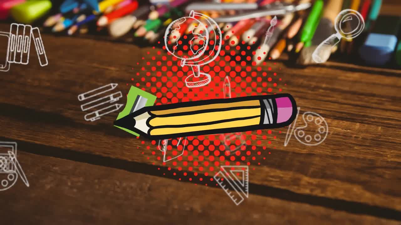 animación de los iconos de los artículos escolares que se mueven sobre el escritorio