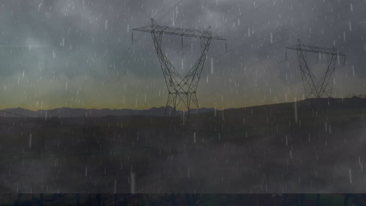animación de la lluvia y la tormenta sobre los postes de electricidad al atardecer