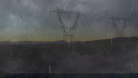 Animation-of-rain-and-storm-over-electricity-poles-at-sunset