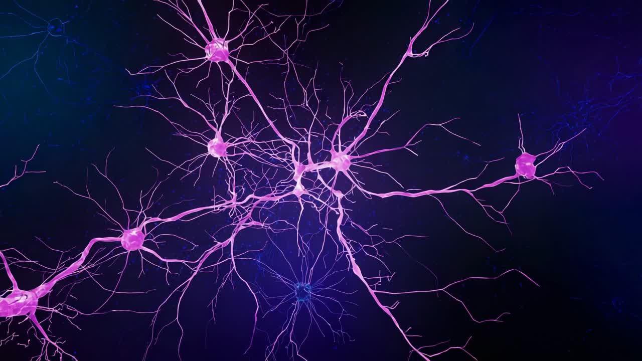 Pulsing blue neuron sending signal to magenta neurons unfurling branches amid stars forming network