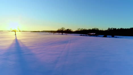 Luftflug-über-Flache,-Verschneite-Winterlandschaft-Bei-Goldenem-Sonnenaufgang-Am-Horizont---Malerische-Drohnenaufnahme-Einer-Kalten-Winterlandschaft