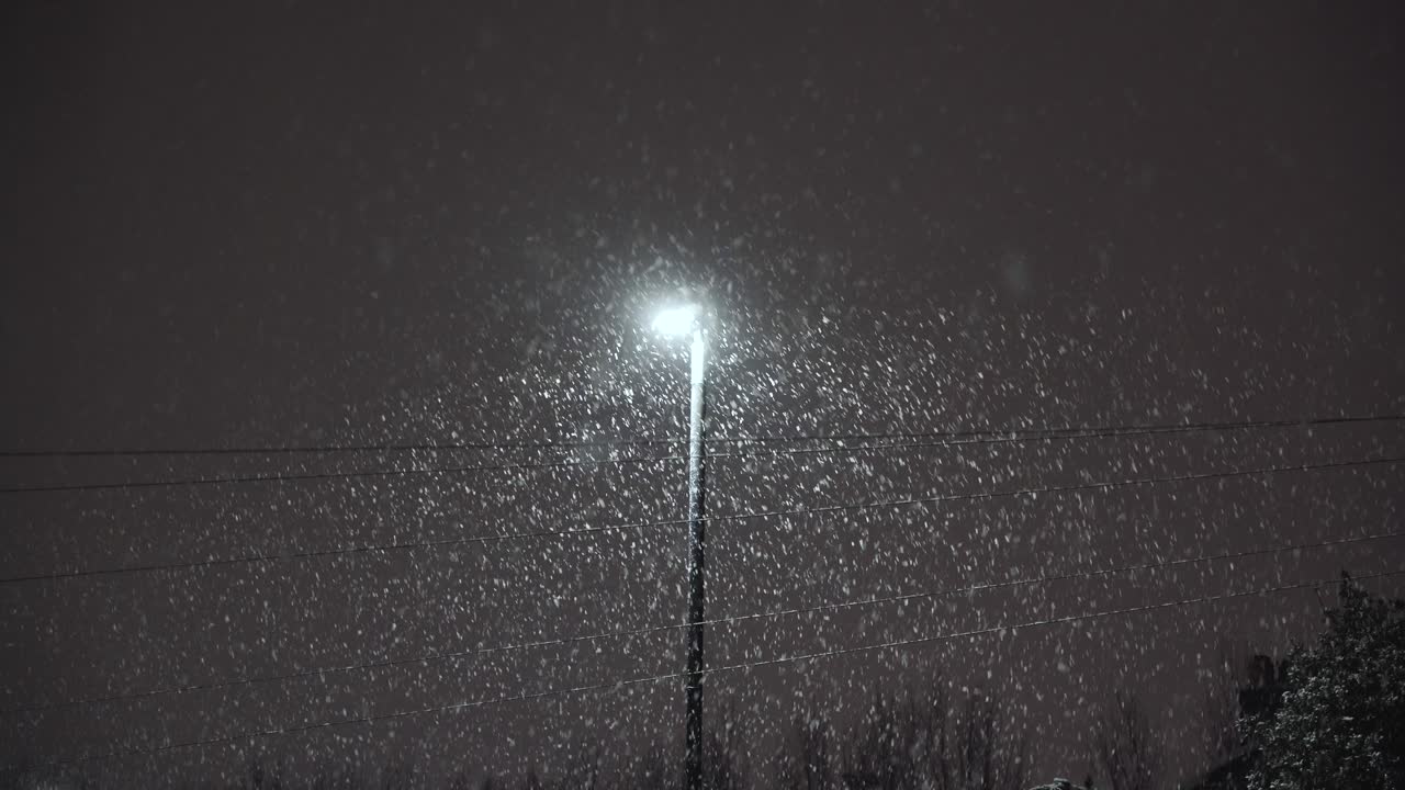 Snow falling under light of streetlamp at night time