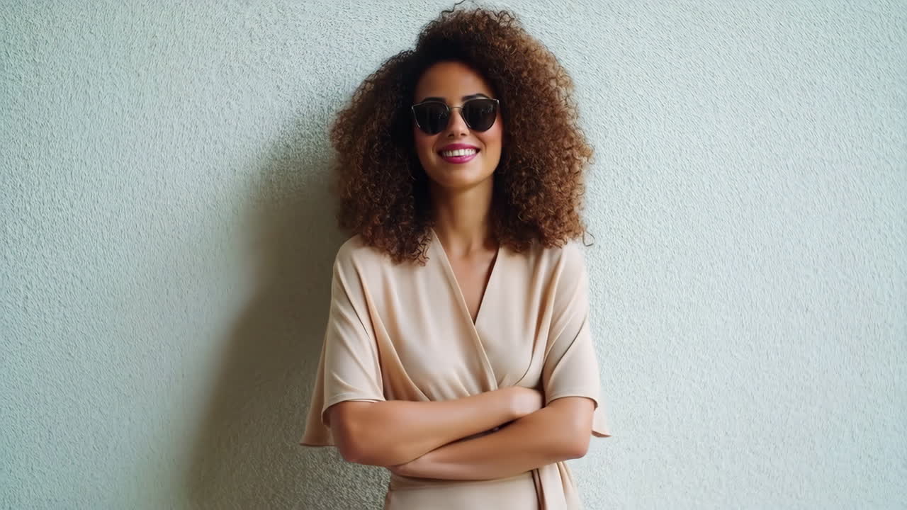 Smiling Woman with Curly Hair and Sunglasses Posing Against a Wall