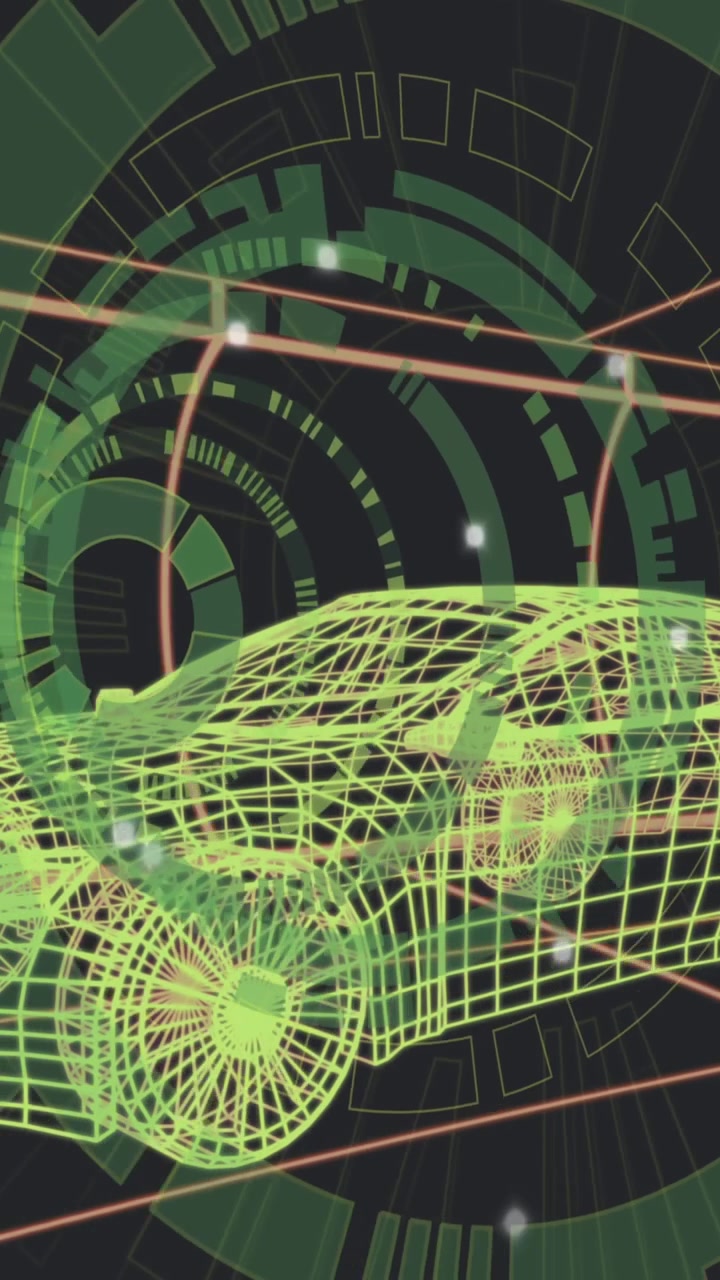 Animation of round scanners over 3d car model against tunnel in seamless pattern on black background