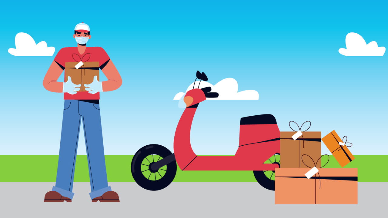 배달 서비스 상자와 오토바이를 가진 안전 노동자