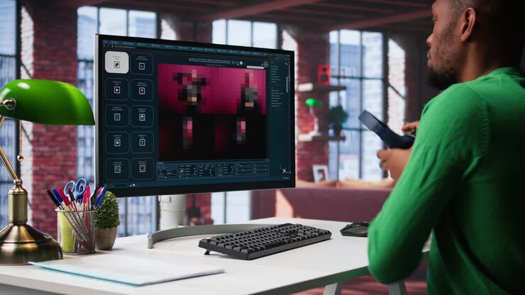 Video verticale: esperto IT afroamericano che utilizza la tecnologia AI per generare immagini realistiche