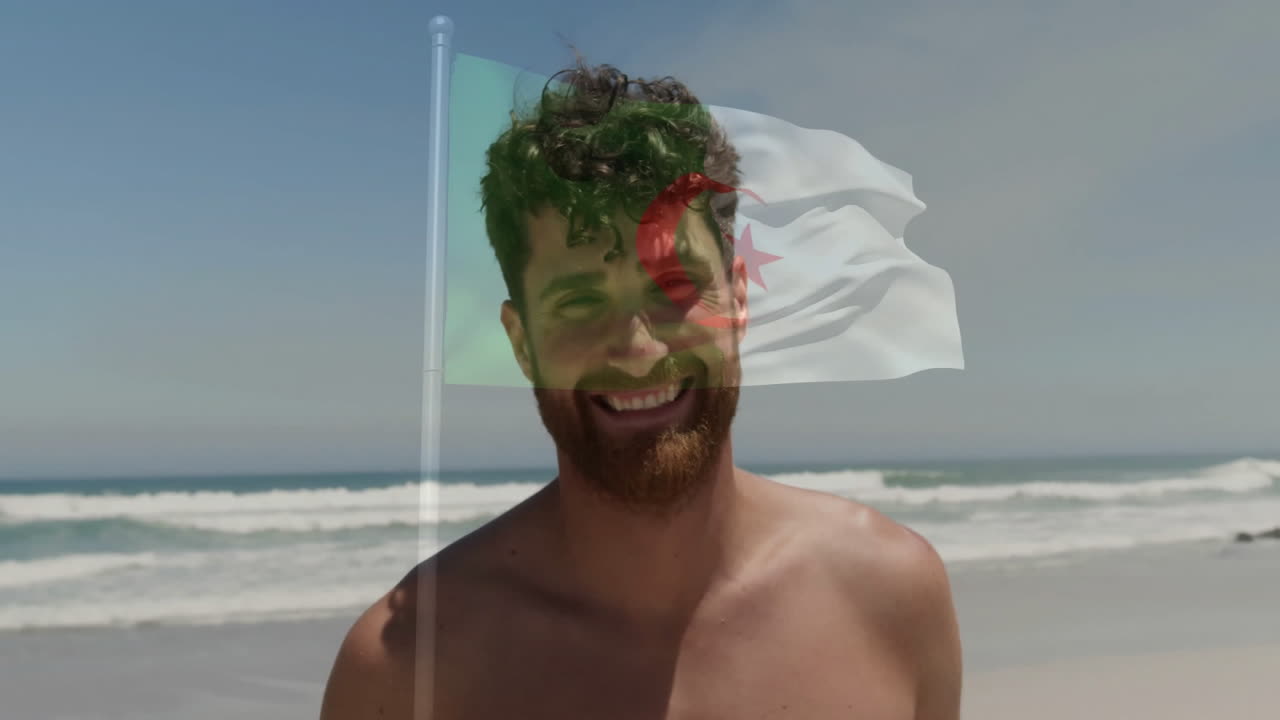 Holding Algerian flag, man smiling at beach with animation overlay