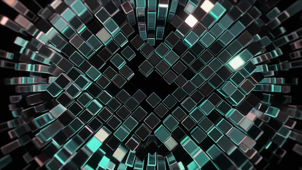 Abstract Motion Background of Glowing Teal and Black Cubes