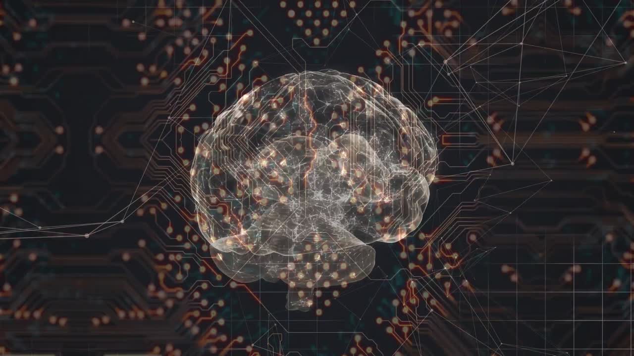 Animation of digital brain over computer circuit board on black background