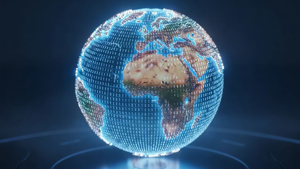 A Digital Representation of Our Planet: A Glowing Globe of Earth Surrounded by Binary Code Highlighting Geographical Features and Continents