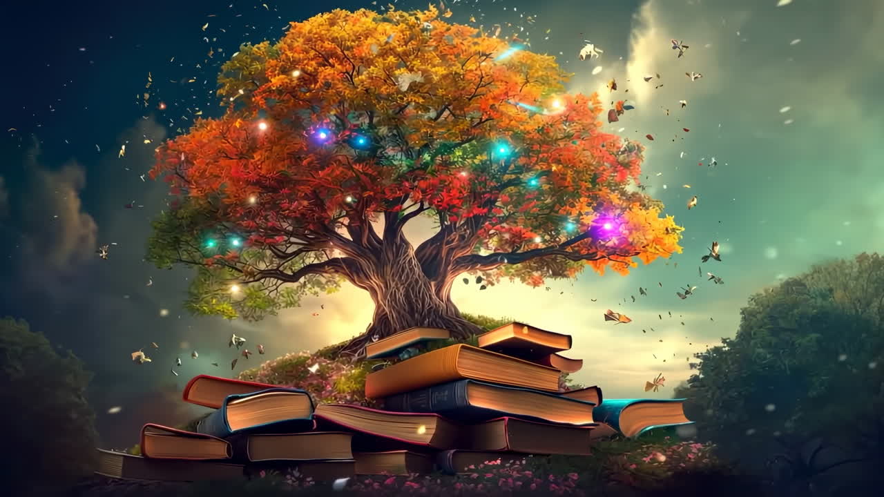 Enchanted Tree of Knowledge with Floating Books and Magical Lights