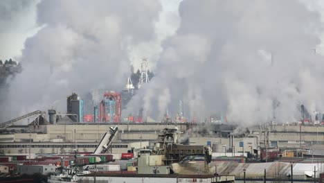 Wide-shot-showing-industrial-company-with-many-chimneys-producing-poisonous-smoke-in-Tacoma,Washington