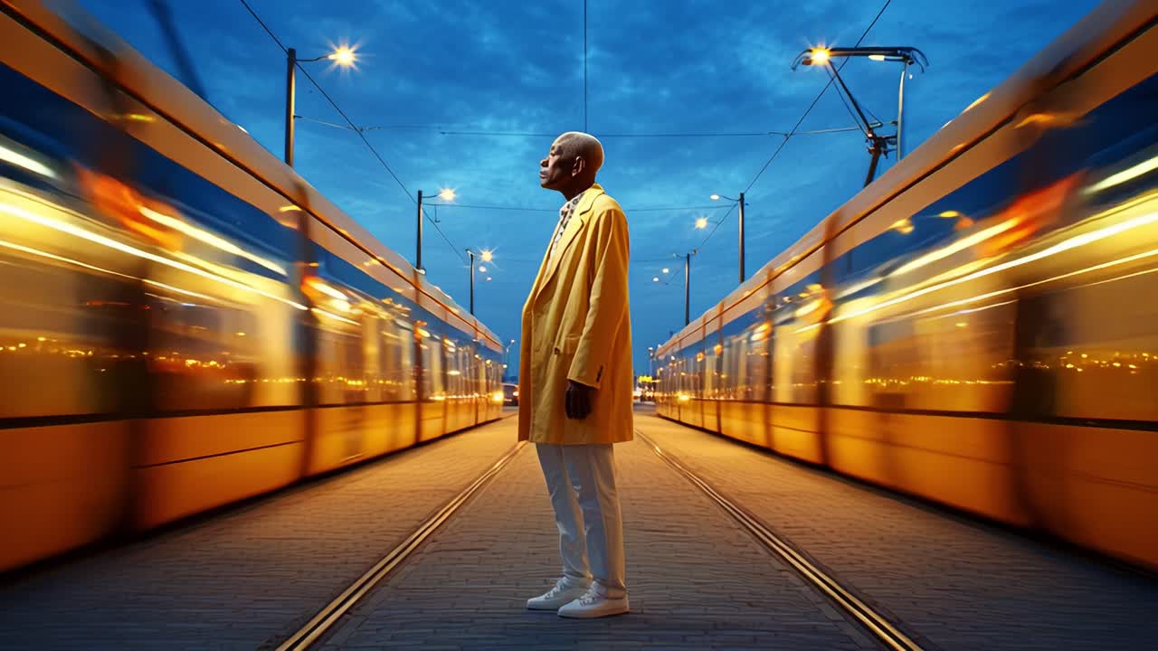 A striking portrait of a confident individual in a vibrant yellow coat standing between two speeding trams on a beautifully lit urban street at twilight, capturing a moment of stillness amidst motion