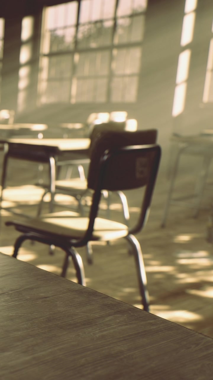 Quiet classroom with sunbeams filtering through dusty windows during afternoon