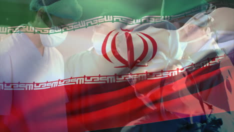 iranian flag overlaying animation of medical professionals performing surgery in hospital