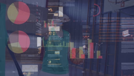 animación del procesamiento de datos financieros sobre un grupo diverso de jugadoras de baloncesto en el gimnasio