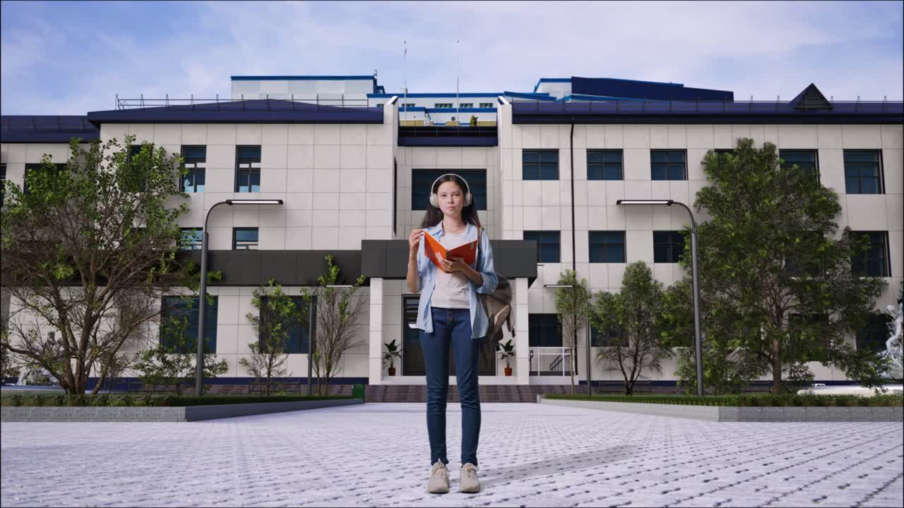 학교 건물 앞 에서 생각 하는 학생