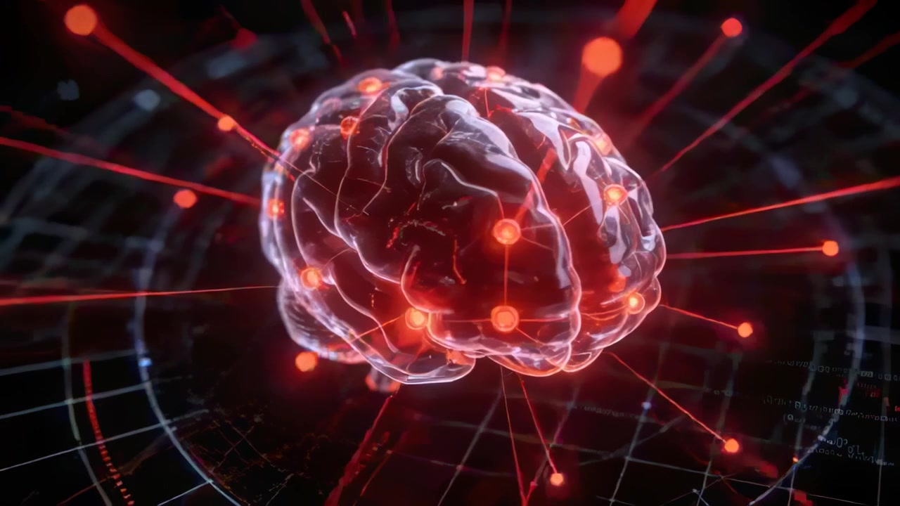 Enfocando un modelo de cerebro que gira con nodos rojos pulsantes sobre una cuadrícula holográfica, enviando orbes que emiten señales a través de haces.