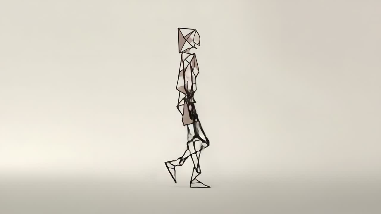 Polygonal figure showing walking cycle upon appearing in gradient studio, looping animation