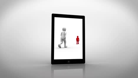 White-and-red-characters-walking-displayed-on-tablet-pc