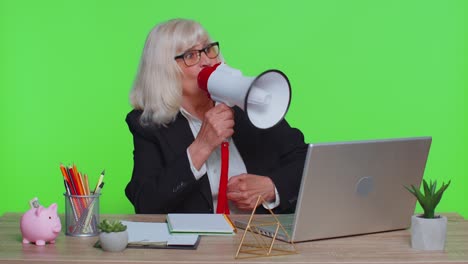 senior business office woman screaming in loudspeaker, discounts news sales announcement advertising
