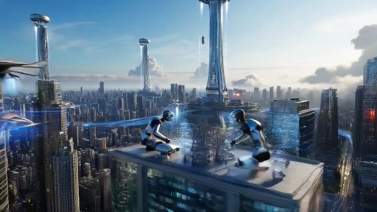 Futuristic Cityscape with Flying Drones and Advanced Technology