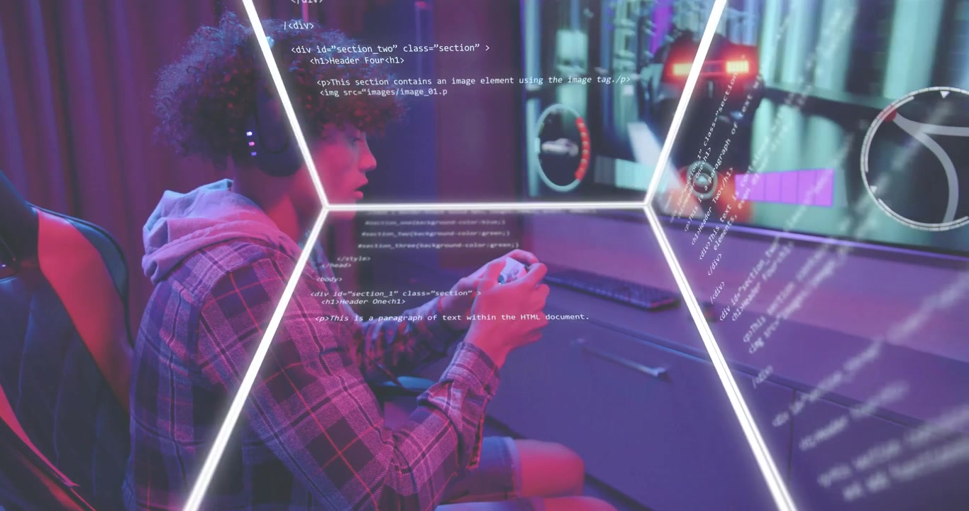 Male gamer responding to gaming cues, shifting grip and leaning, code streams wrapping controller