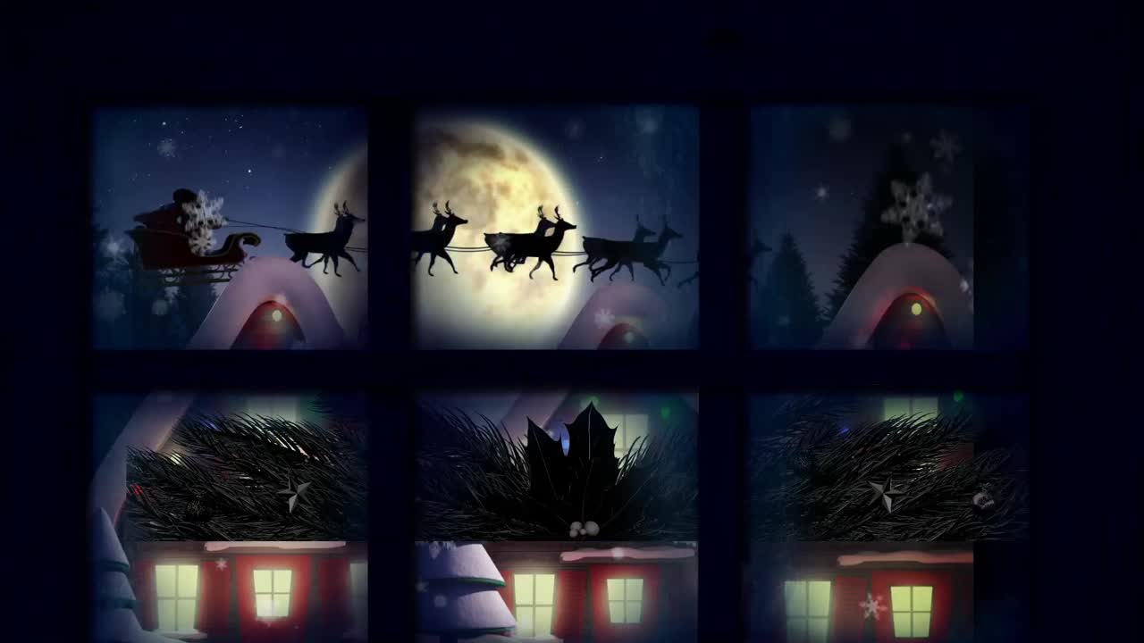 밤하늘을 배경으로 겨울 풍경에 여러 집 위에 내리는 눈에 대한 창의 프레임