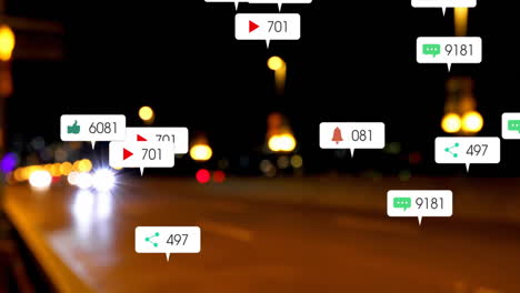 animación de iconos de redes sociales y procesamiento de datos sobre luces de la ciudad.
