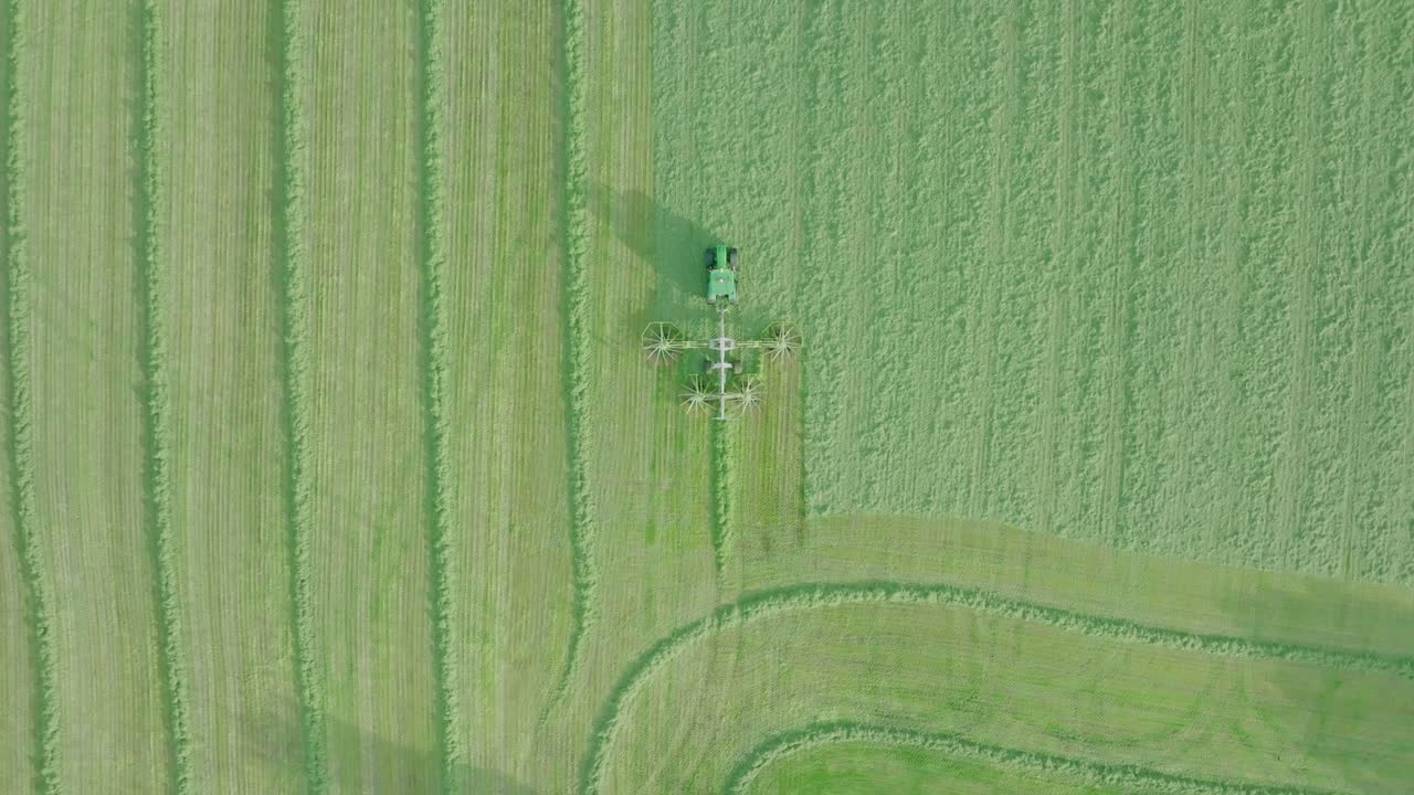 toma aérea de un agricultor cortando ensilaje en un cálido día de verano, escocia