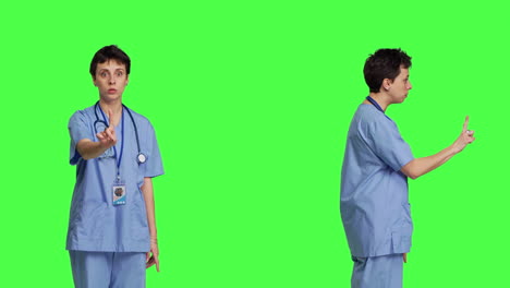 health specialist being angry and saying no against greenscreen backdrop