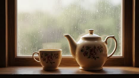 teapot and teacup on a rainy windowsill