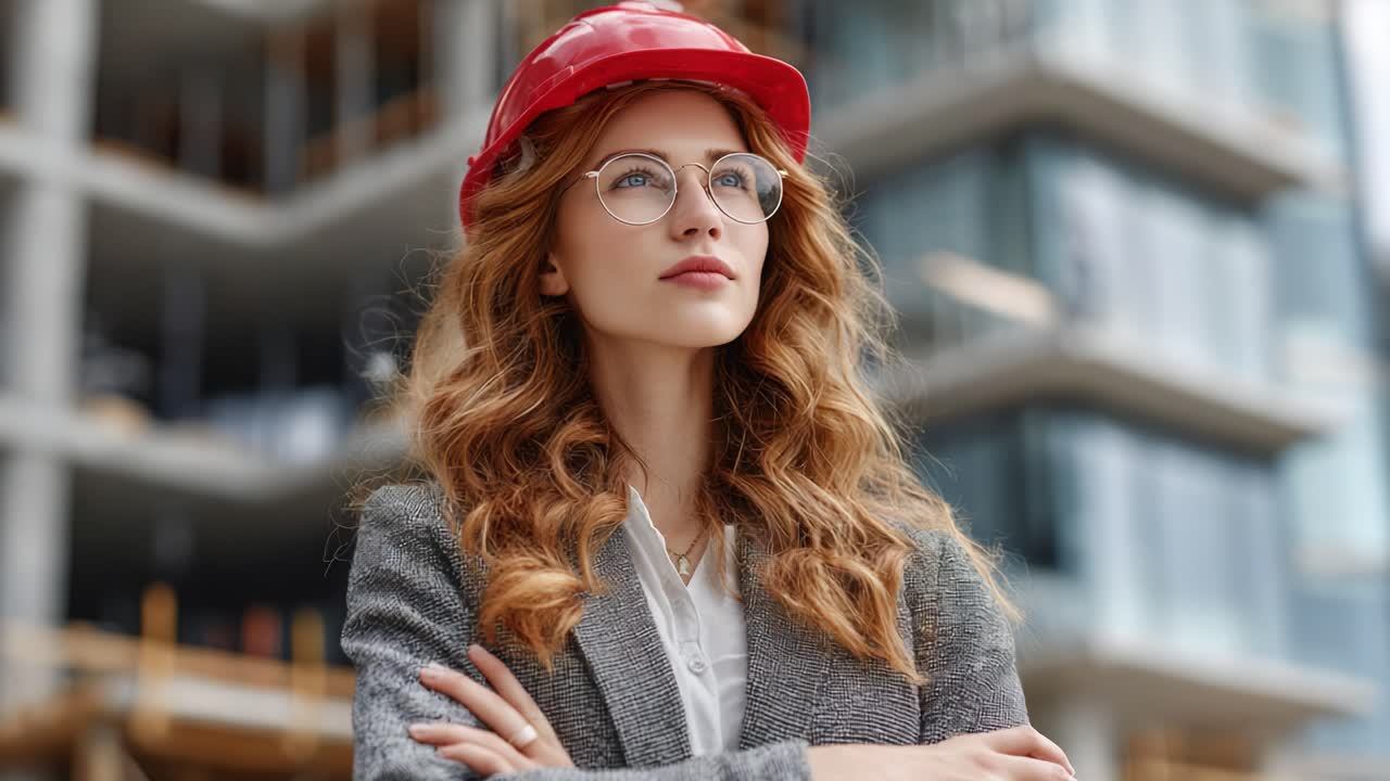 Confident Young Woman with Glasses and Red Hard Hat at Construction Site, Displaying Professionalism and Determination in Urban Environment