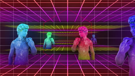 colorful statues in neon grid animation, creating retro-futuristic aesthetic
