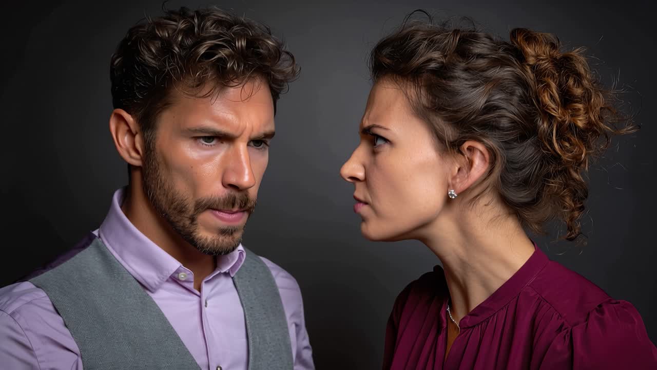 Confronto teso tra due persone. Volti arrabbiati mostrano intensa emozione e conflitto. L'illuminazione dello studio evidenzia espressioni facciali e linguaggio del corpo.