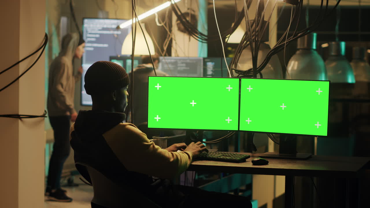 Hacker working with green screen monitors
