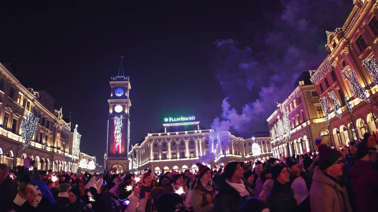 A lively nighttime city square video captures a festive crowd with a low-angle view