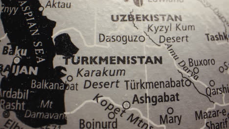 close-up of turkmenistan and surrounding central asian countries on a globe