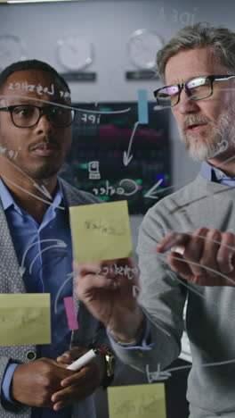 mature investment banker draws on glass wall with sticky notes in broker agency office. businessman develops and analyzes company business strategy. colleagues work on computers with real-time stocks.