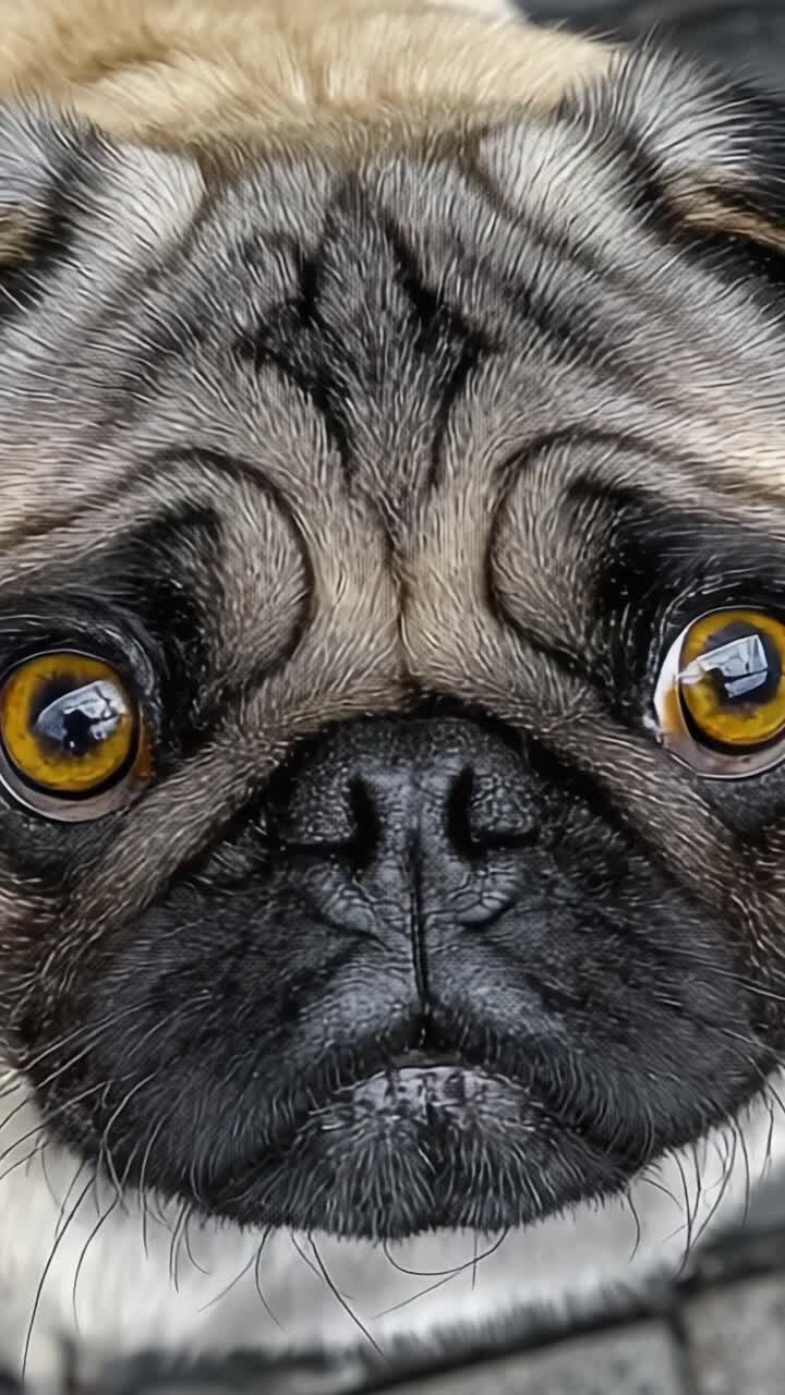 Cautivador primer plano del rostro de un pug: una exploración de expresiones únicas y rasgos distintivos en la compañía canina.