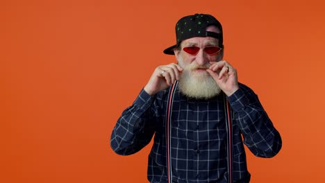 stylish senior man in plaid shirt, suspenders and sunglasses