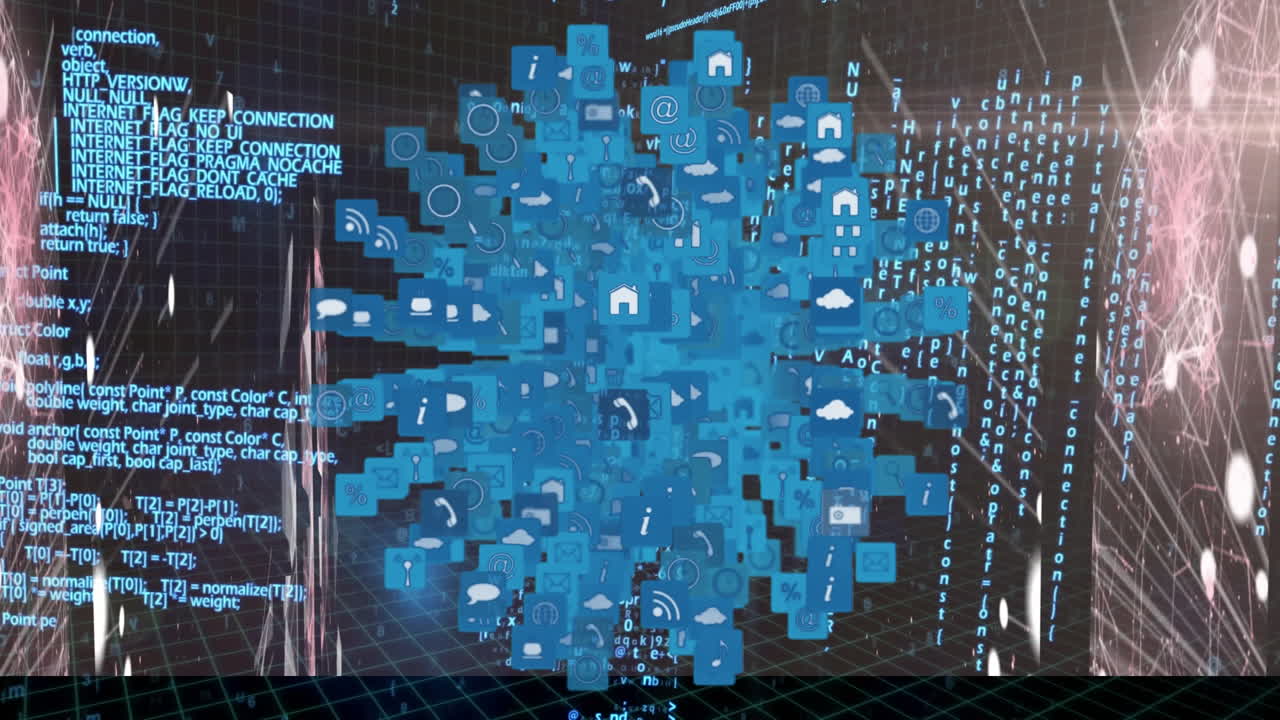 Globe of digital icons spinning against data processing