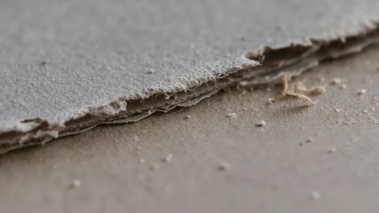 Camera shifting focus to reveal frayed torn paper edge on tabletop, with curled fragment and dust