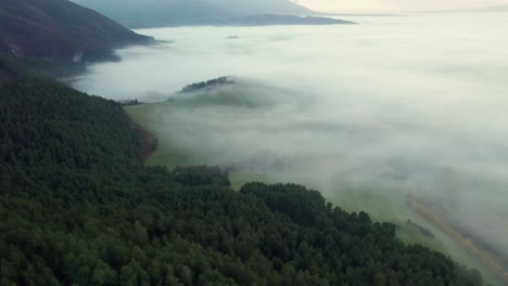 drone aerial, autumn misty morning in valley